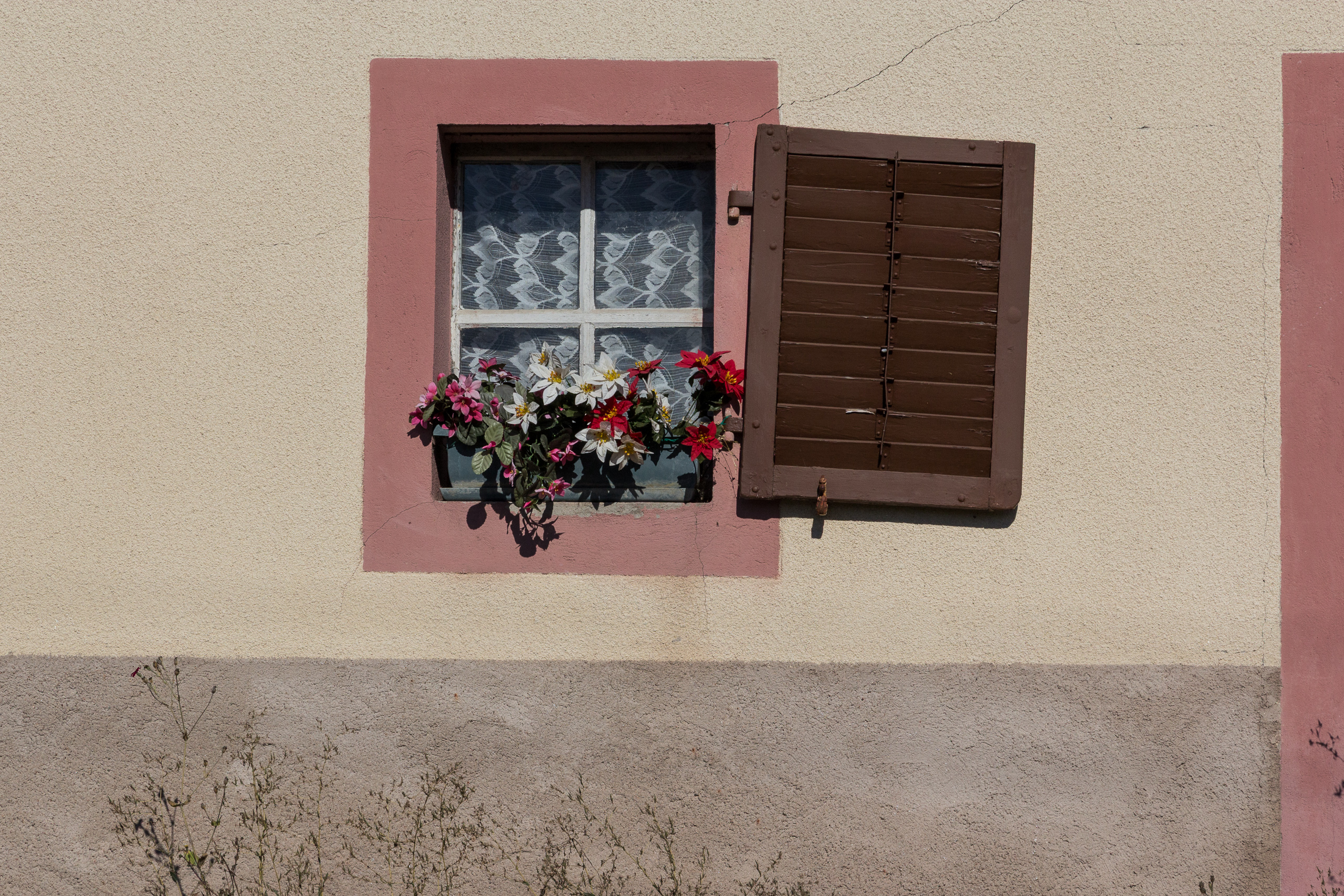 Fenster mit Spitzenvorhang, Kunstblumen und rosa Umrandung