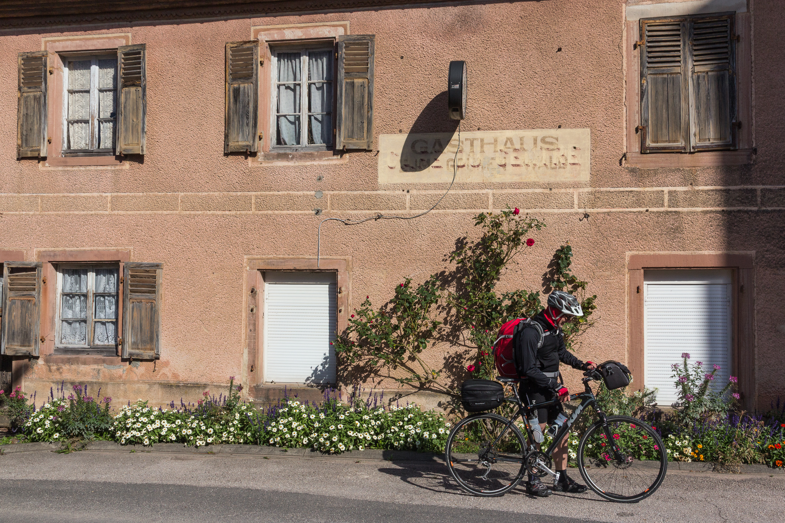Verblasster Gasthaus-Schriftzug an der rosa Fassade, davor Rosen