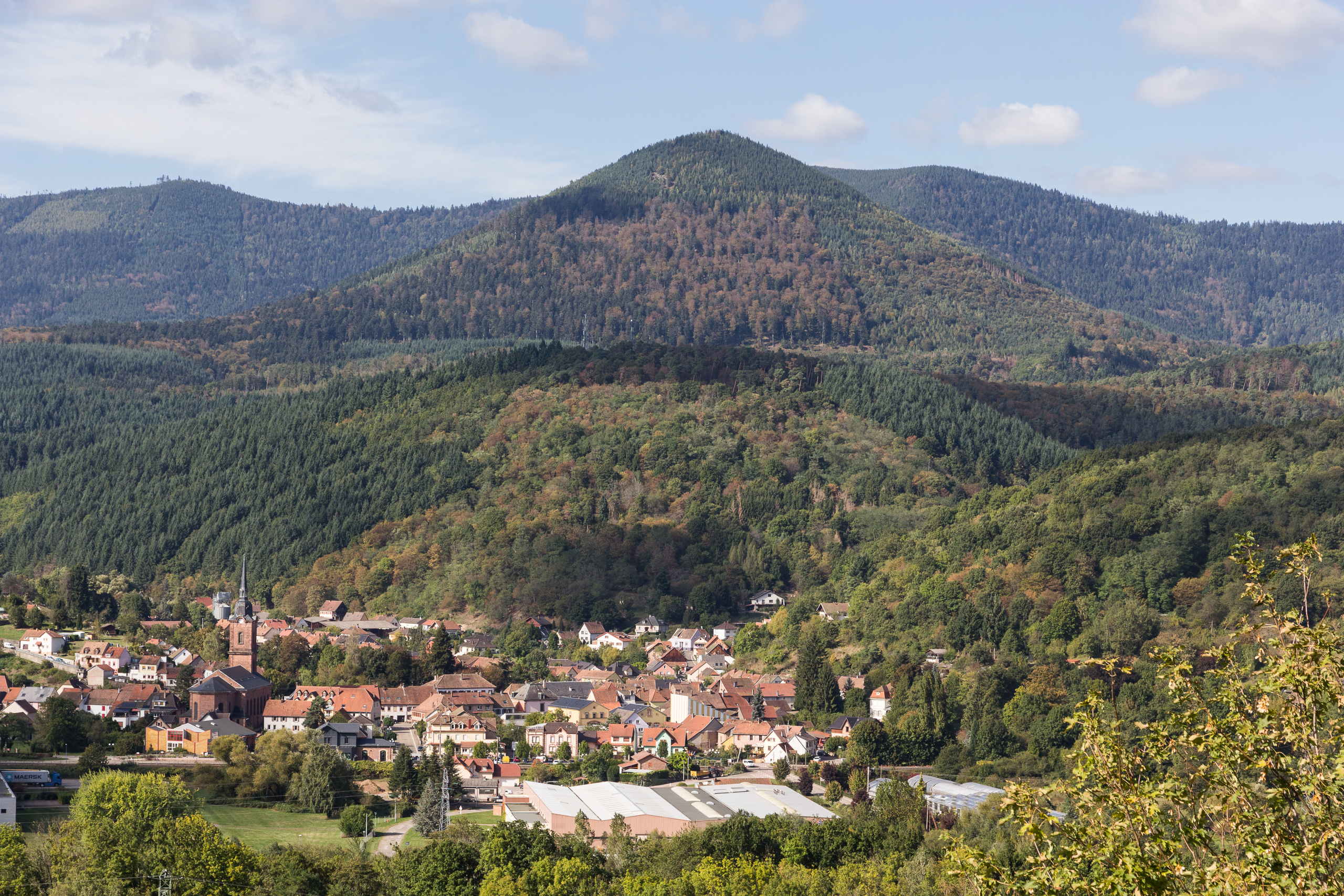 Blick über den Ort im Tal auf die bewaldeten Vogesenkuppen