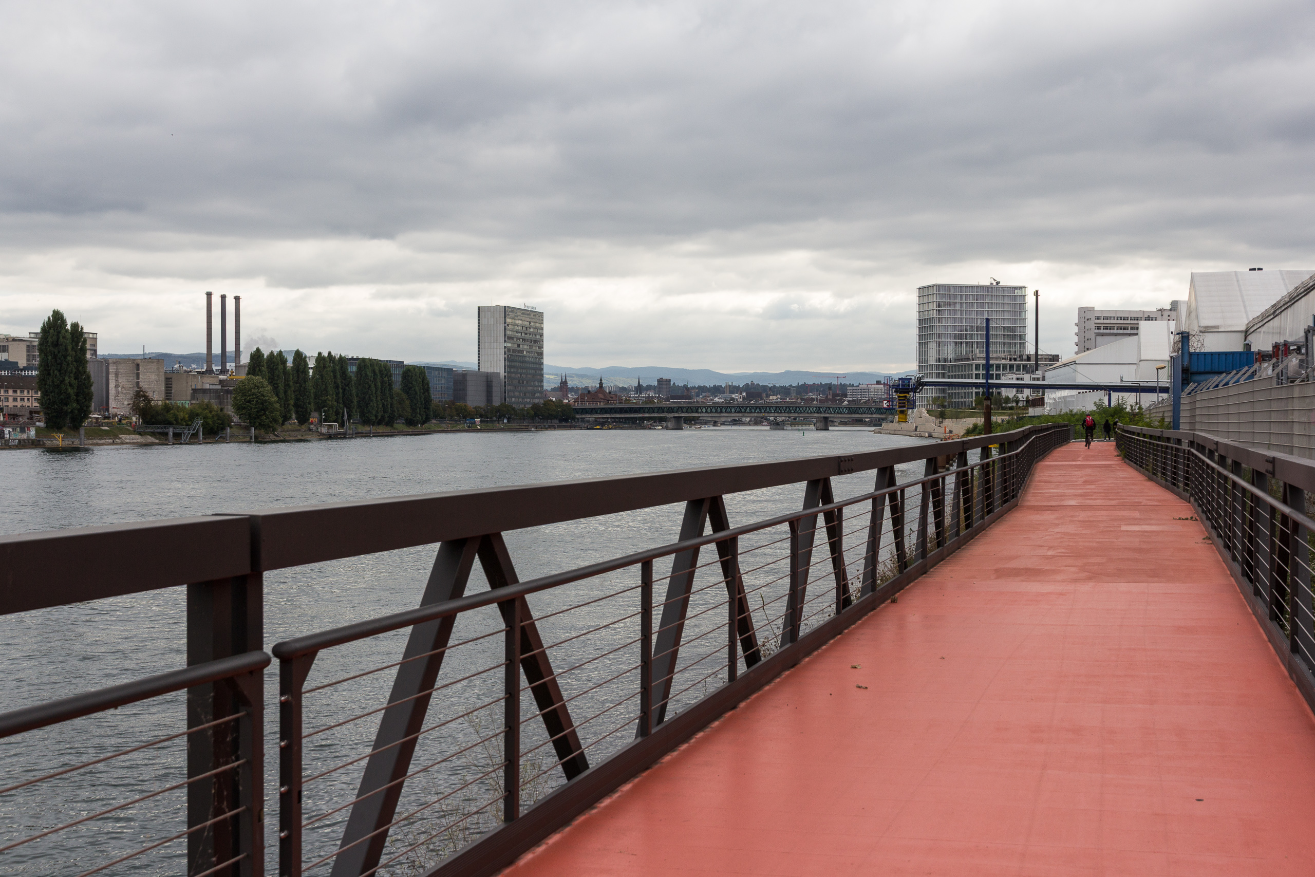Roter Uferweg am Rhein – vor uns die Basler Skyline